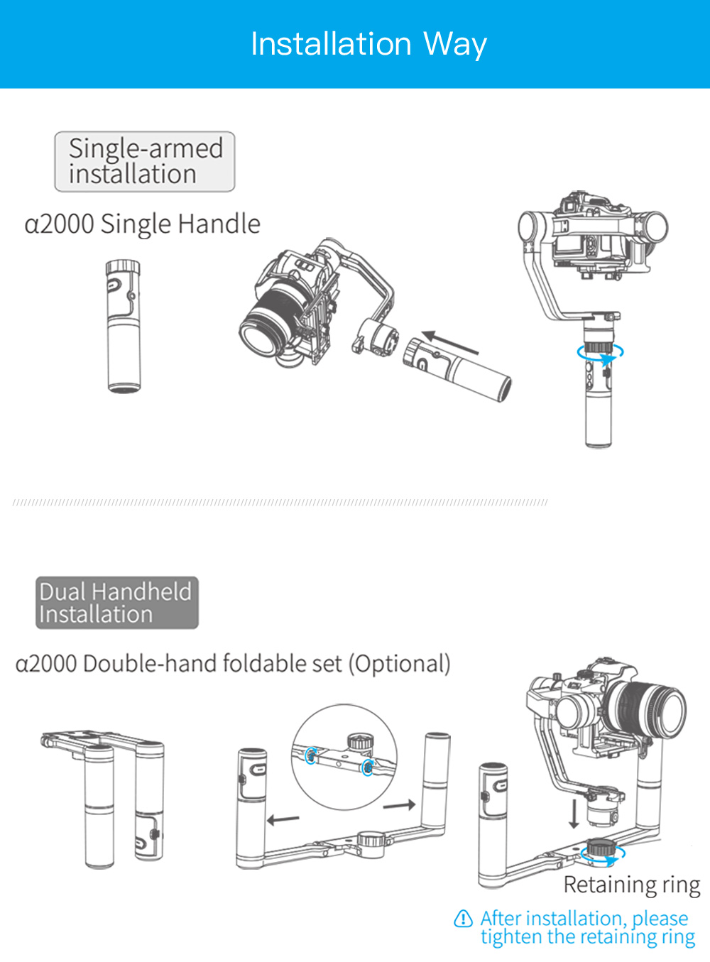 feiyu a2000 FeiyuTech α2000 3-Axis Gimbal Dual Handheld Grip for Mirrorless, DSLR Cameras